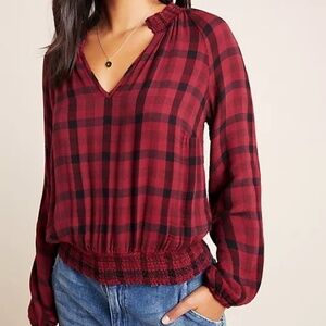 Anthropologie Cloth & Stone Sara Red Black Plaid Long Sleeve Blouse - Sz S